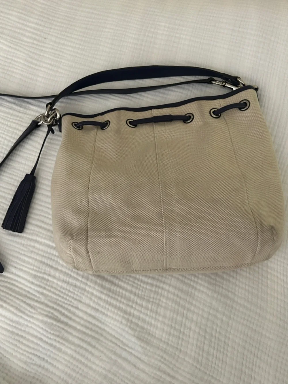 Coach Canvas + Navy Leather Drawstring Shoulder Bucket Bag Silver Hardware